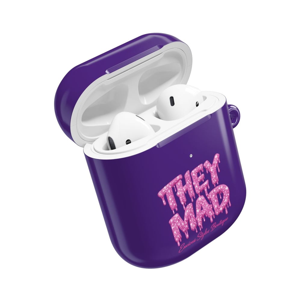 Image of AirPod Case — Black Glossy 'THEY MAD' Pink Drip Graphic Protective Cover
