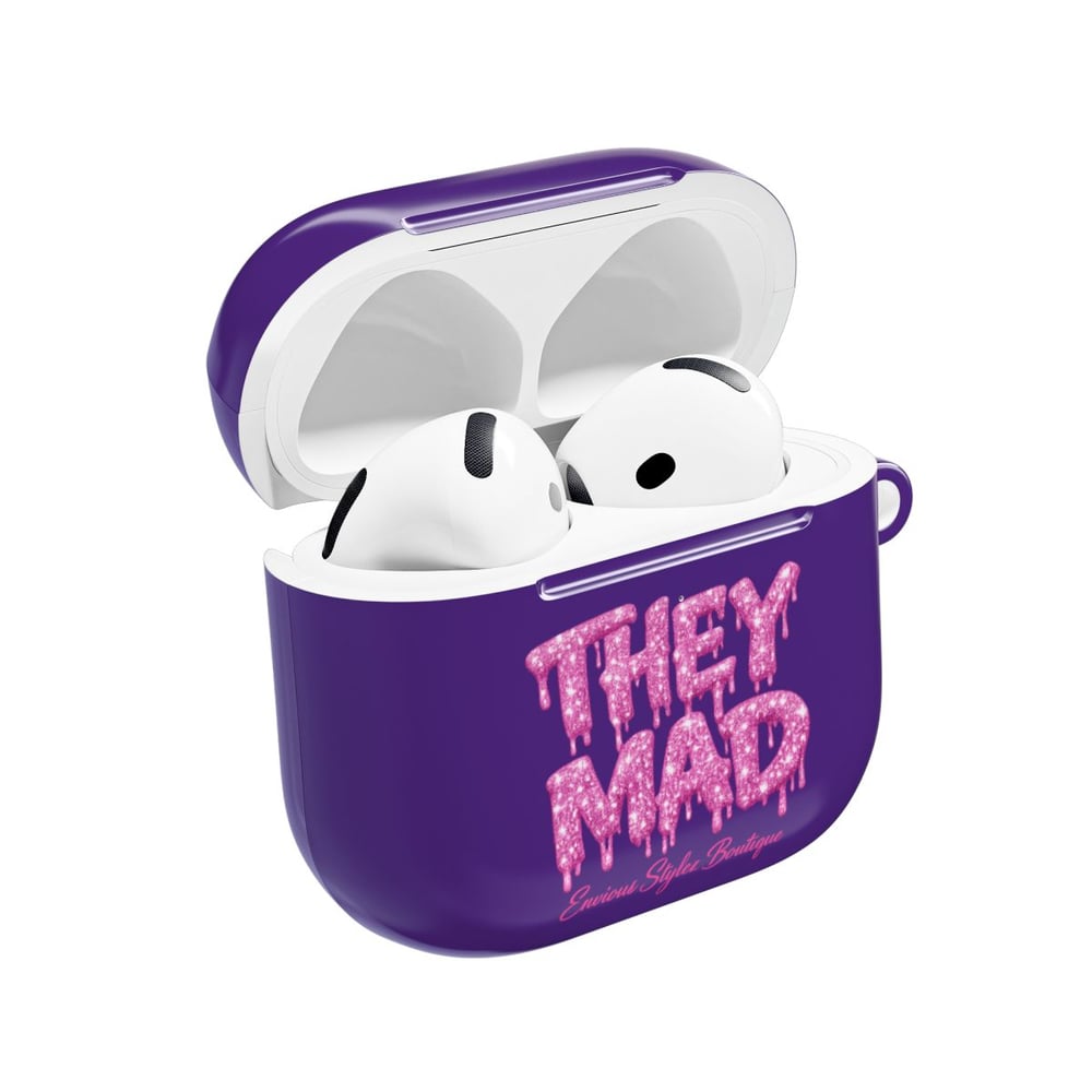 Image of AirPod Case — Black Glossy 'THEY MAD' Pink Drip Graphic Protective Cover