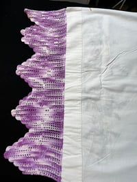Image 3 of Vintage Embroidered Pillowcase with Purple Crocheted Trim