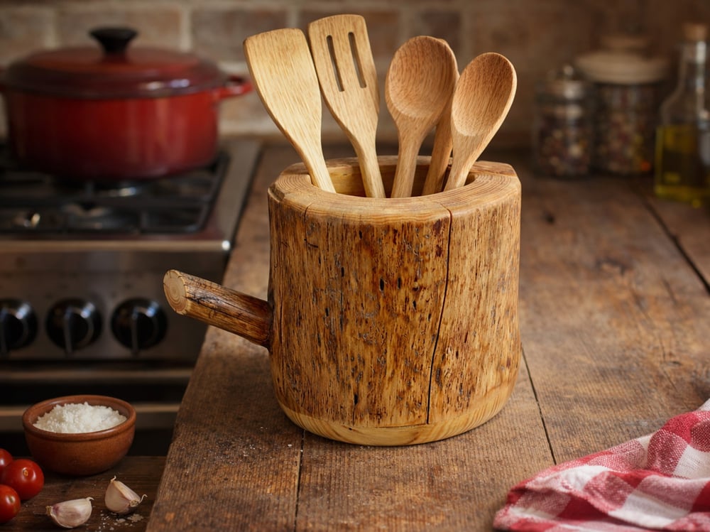 Image of Spruce log wood Multi Purpose Silk Flower Vase, Rustic Wooden Kitchen Utensil holder