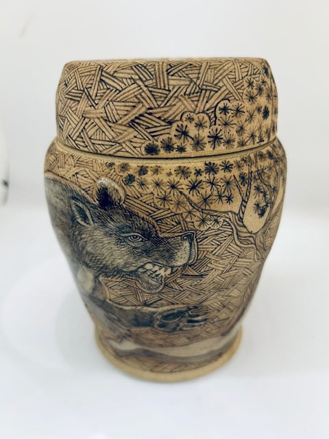 Image of Running Bear Covered Jar with Maiden