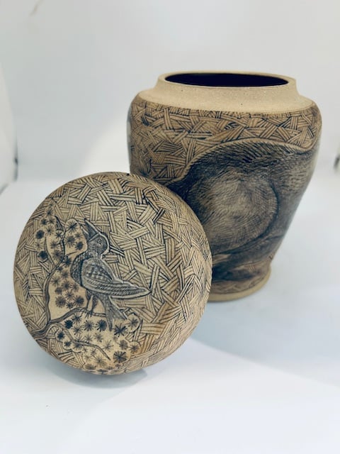 Image of Running Bear Covered Jar with Maiden