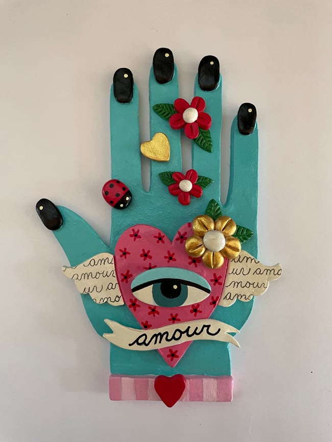 I LOVE MOI series - Turquoise Hand 4.5" x 7" clay sculpture