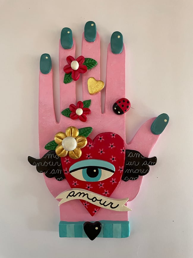 I LOVE MOI series - Pink Hand 4.5" x 7" clay sculpture