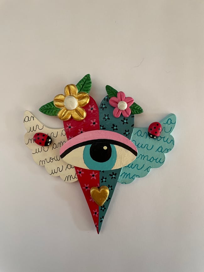 I LOVE MOI series - Small Heart with Eye 4" x 4.5" clay sculpture