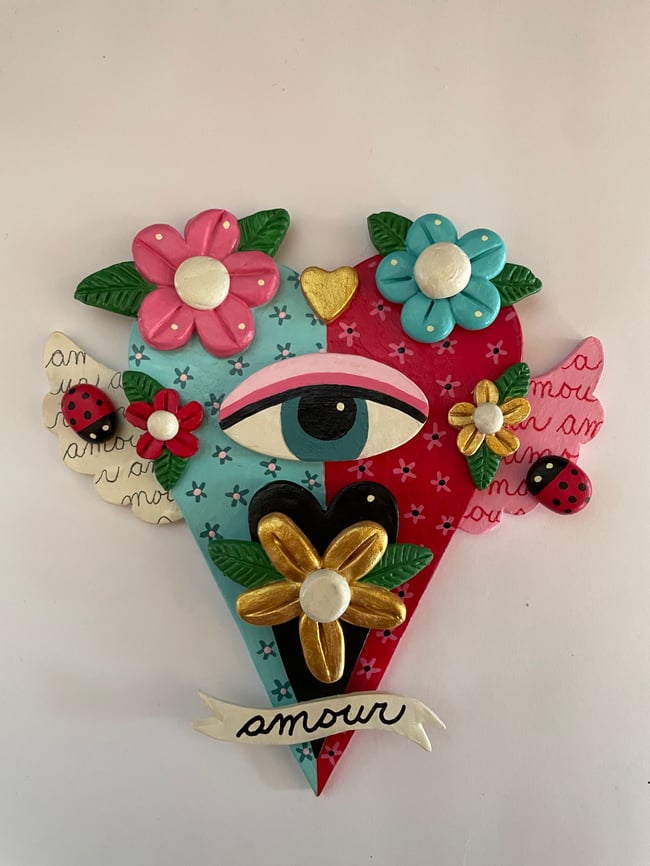 I LOVE MOI series - Tall Heart with Eye 5.5" x 6" clay sculpture