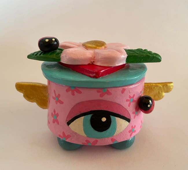 I LOVE MOI series - Little Lidded Heart Container with Eye 2" x 3.5" clay sculpture