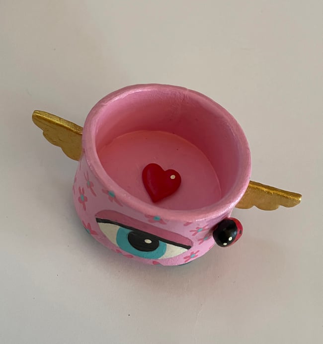 I LOVE MOI series - Little Lidded Heart Container with Eye 2" x 3.5" clay sculpture
