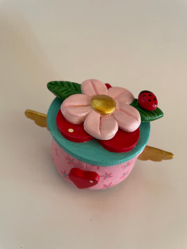 I LOVE MOI series - Little Lidded Heart Container with Eye 2" x 3.5" clay sculpture