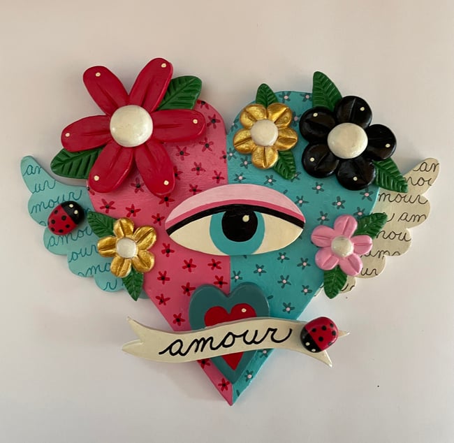 I LOVE MOI series - Large Heart with Eye 5.5" x 7" clay sculpture