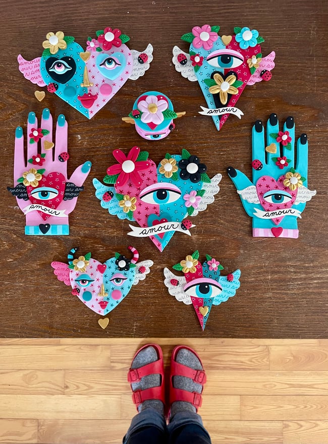 I LOVE MOI series - Tall Heart with Eye 5.5" x 6" clay sculpture