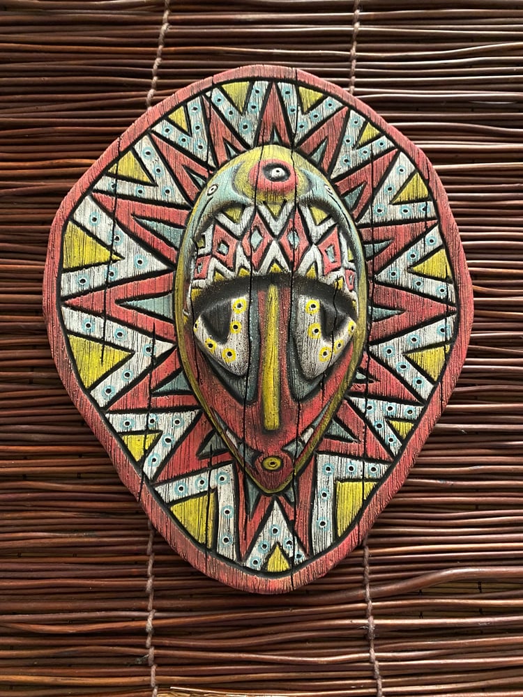 Image of 9.25” x 7.5” Handbuilt PNG Inspired Wall Mask - Turq/Red/Yellow (a) - US Shipping Included 