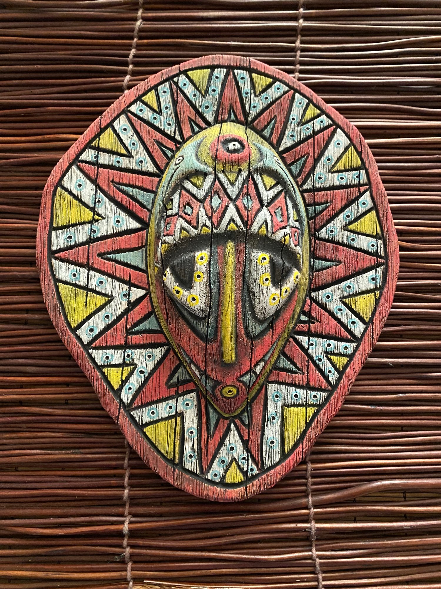 Image of 9.25” x 7.5” Handbuilt PNG Inspired Wall Mask - Turq/Red/Yellow (a) - US Shipping Included 