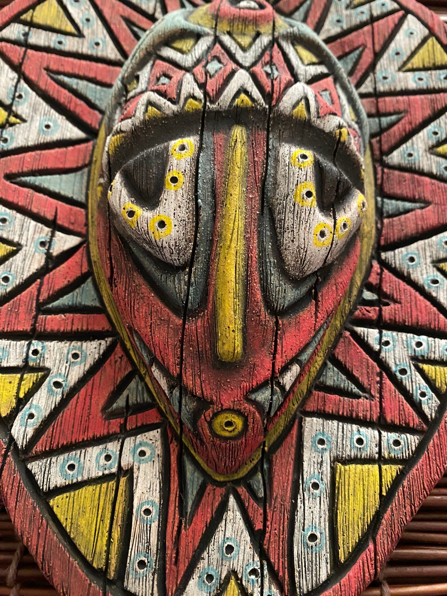 Image of 9.25” x 7.5” Handbuilt PNG Inspired Wall Mask - Turq/Red/Yellow (a) - US Shipping Included 