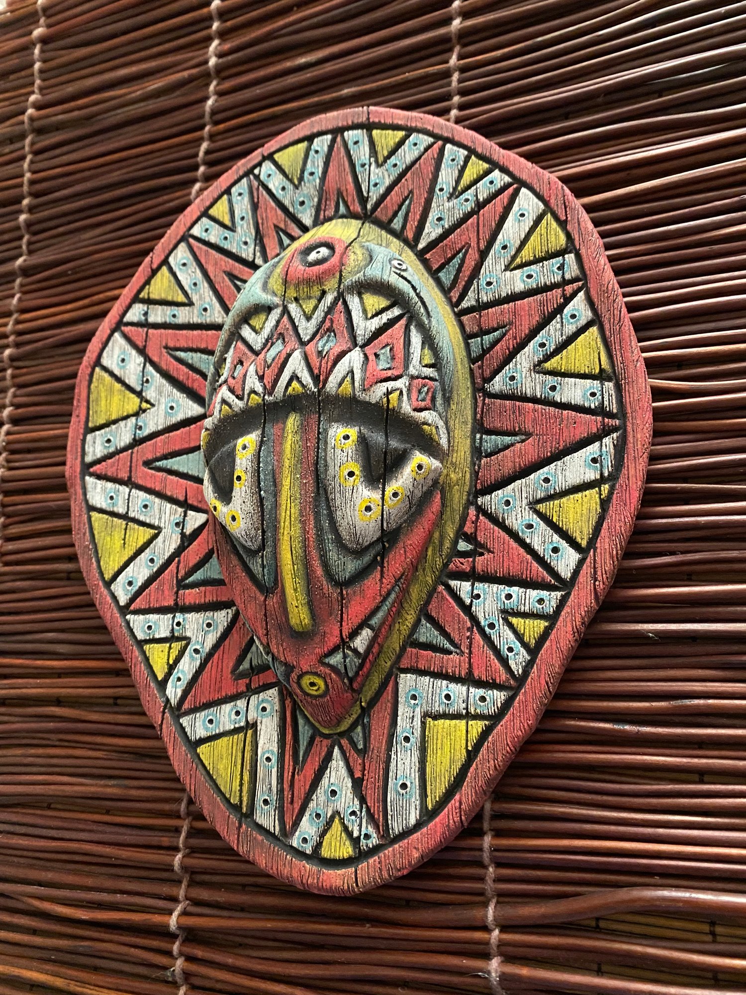 Image of 9.25” x 7.5” Handbuilt PNG Inspired Wall Mask - Turq/Red/Yellow (a) - US Shipping Included 