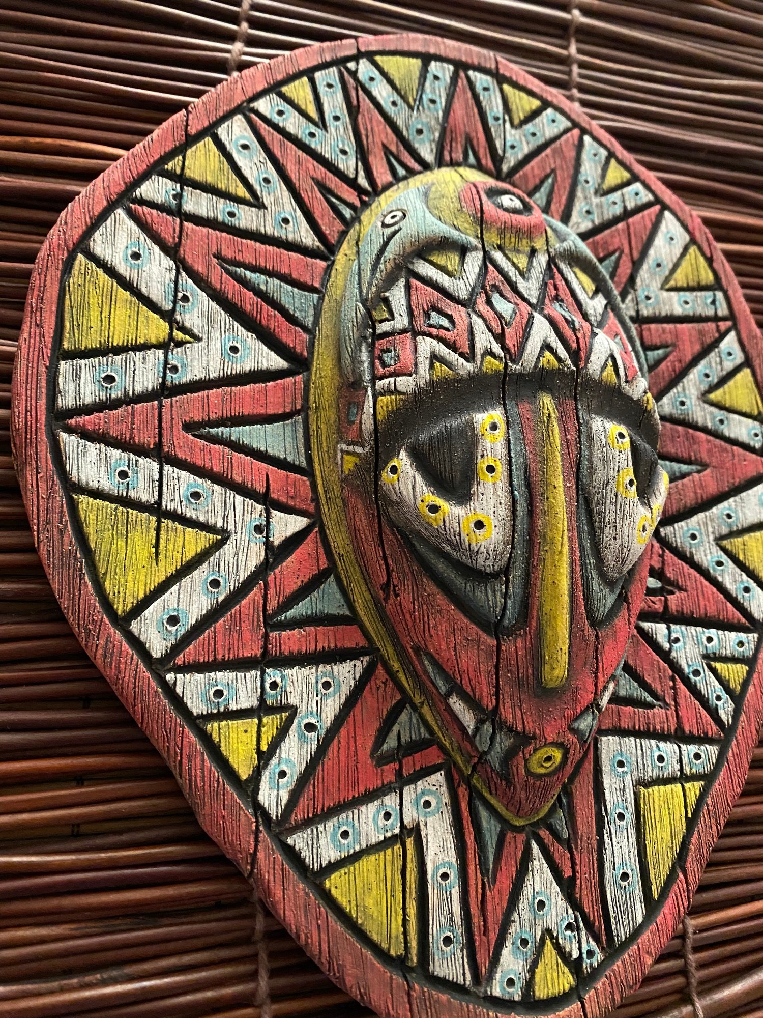 Image of 9.25” x 7.5” Handbuilt PNG Inspired Wall Mask - Turq/Red/Yellow (a) - US Shipping Included 