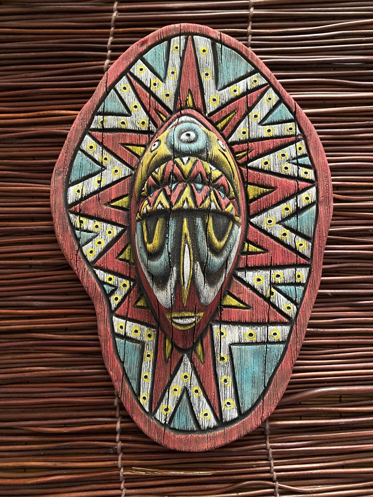 Image of 10.5” x 7” Handbuilt PNG Inspired Wall Mask - Turq/Red/Yellow (b) - US Shipping Included 