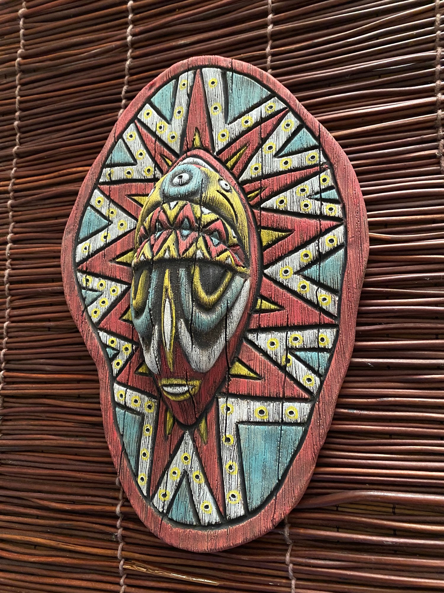 Image of 10.5” x 7” Handbuilt PNG Inspired Wall Mask - Turq/Red/Yellow (b) - US Shipping Included 