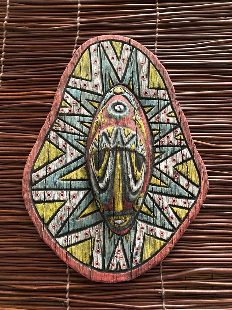 Image of 10” x 7.5” Handbuilt PNG Inspired Wall Mask - Turq/Red/Yellow (c) - US Shipping Included 