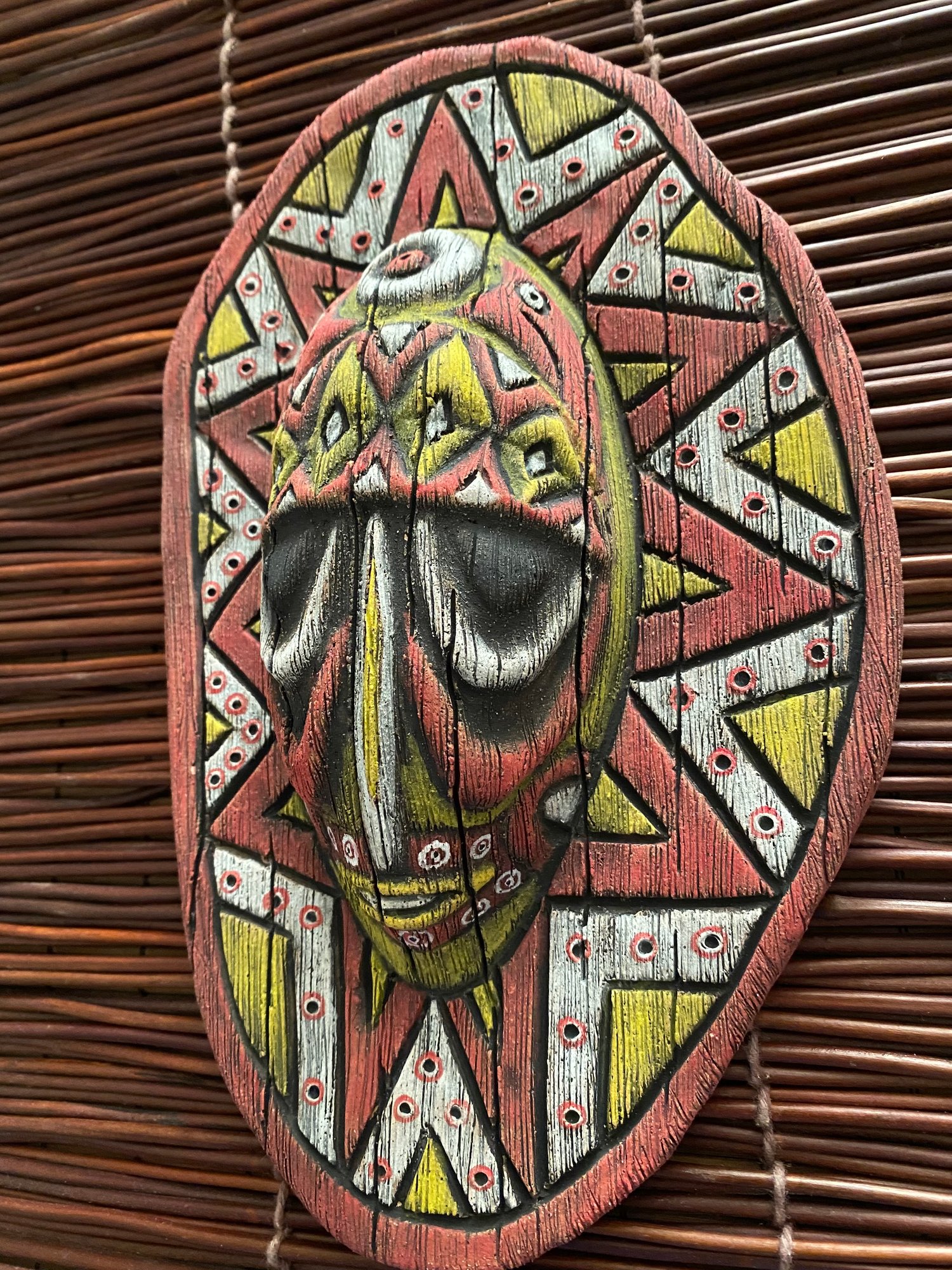 Image of 9” x 5.75” Handbuilt PNG Inspired Wall Mask - Red/Yellow/White - US Shipping Included 
