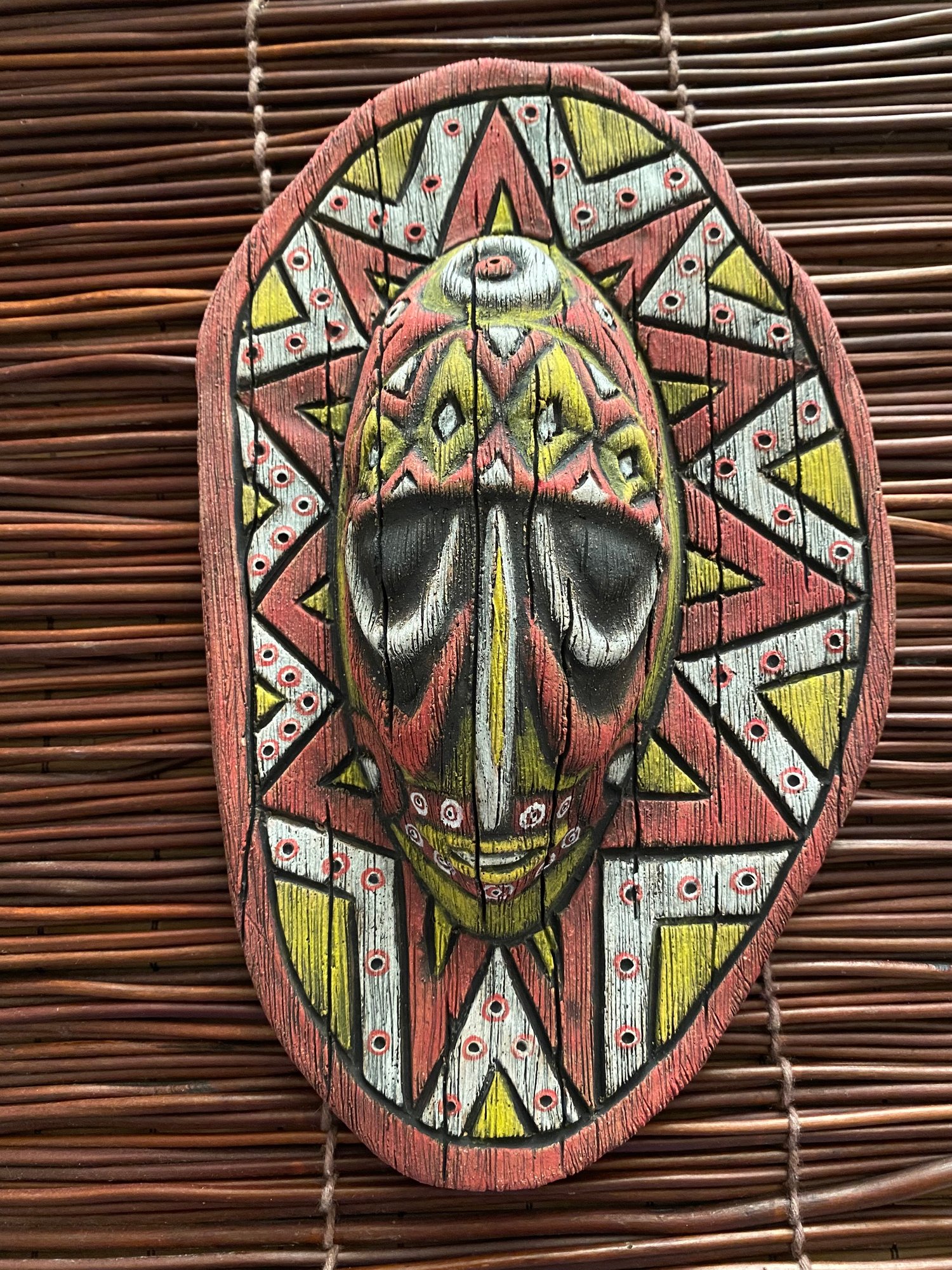 Image of 9” x 5.75” Handbuilt PNG Inspired Wall Mask - Red/Yellow/White - US Shipping Included 
