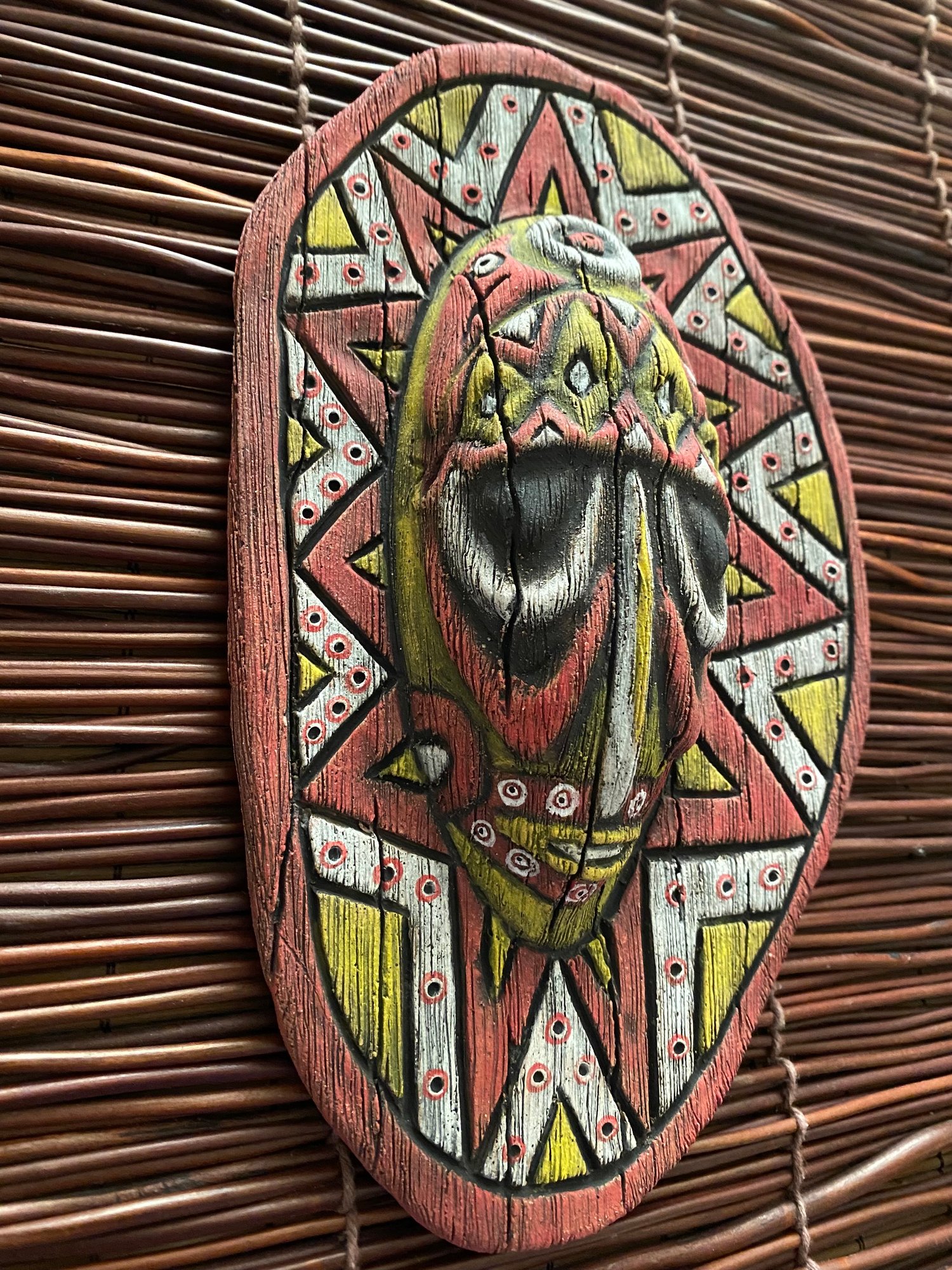 Image of 9” x 5.75” Handbuilt PNG Inspired Wall Mask - Red/Yellow/White - US Shipping Included 