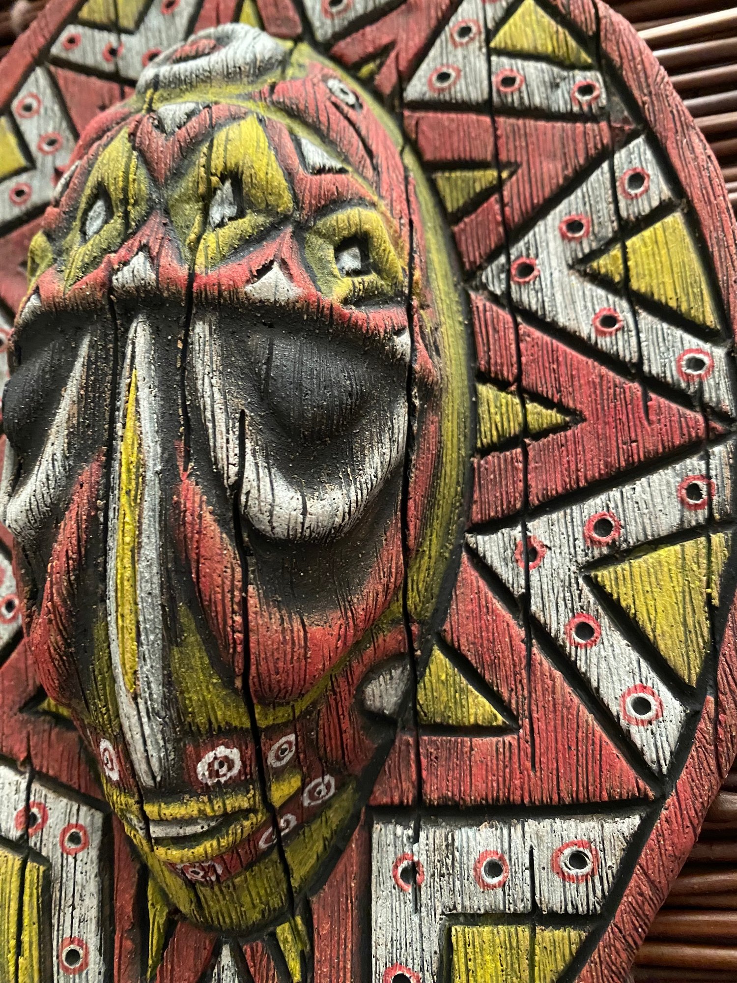 Image of 9” x 5.75” Handbuilt PNG Inspired Wall Mask - Red/Yellow/White - US Shipping Included 
