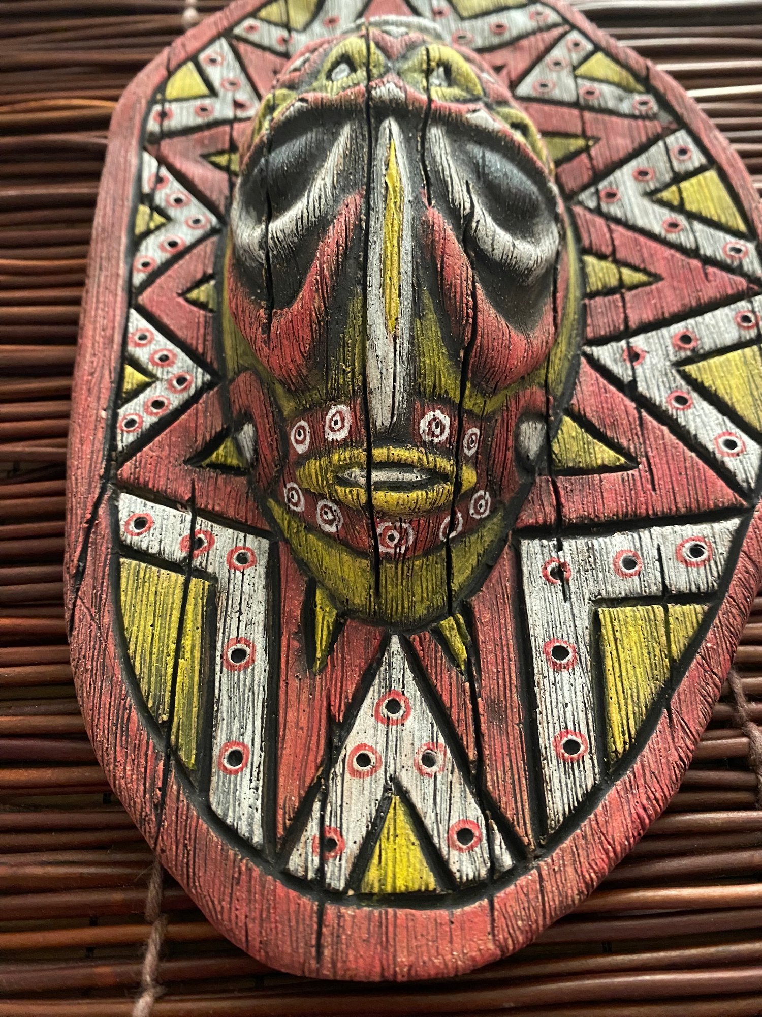 Image of 9” x 5.75” Handbuilt PNG Inspired Wall Mask - Red/Yellow/White - US Shipping Included 