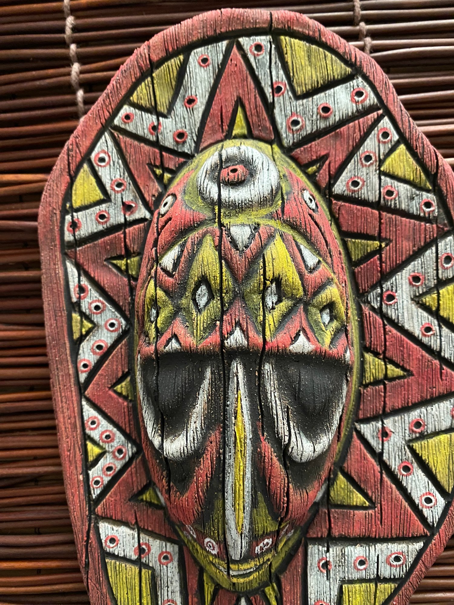 Image of 9” x 5.75” Handbuilt PNG Inspired Wall Mask - Red/Yellow/White - US Shipping Included 