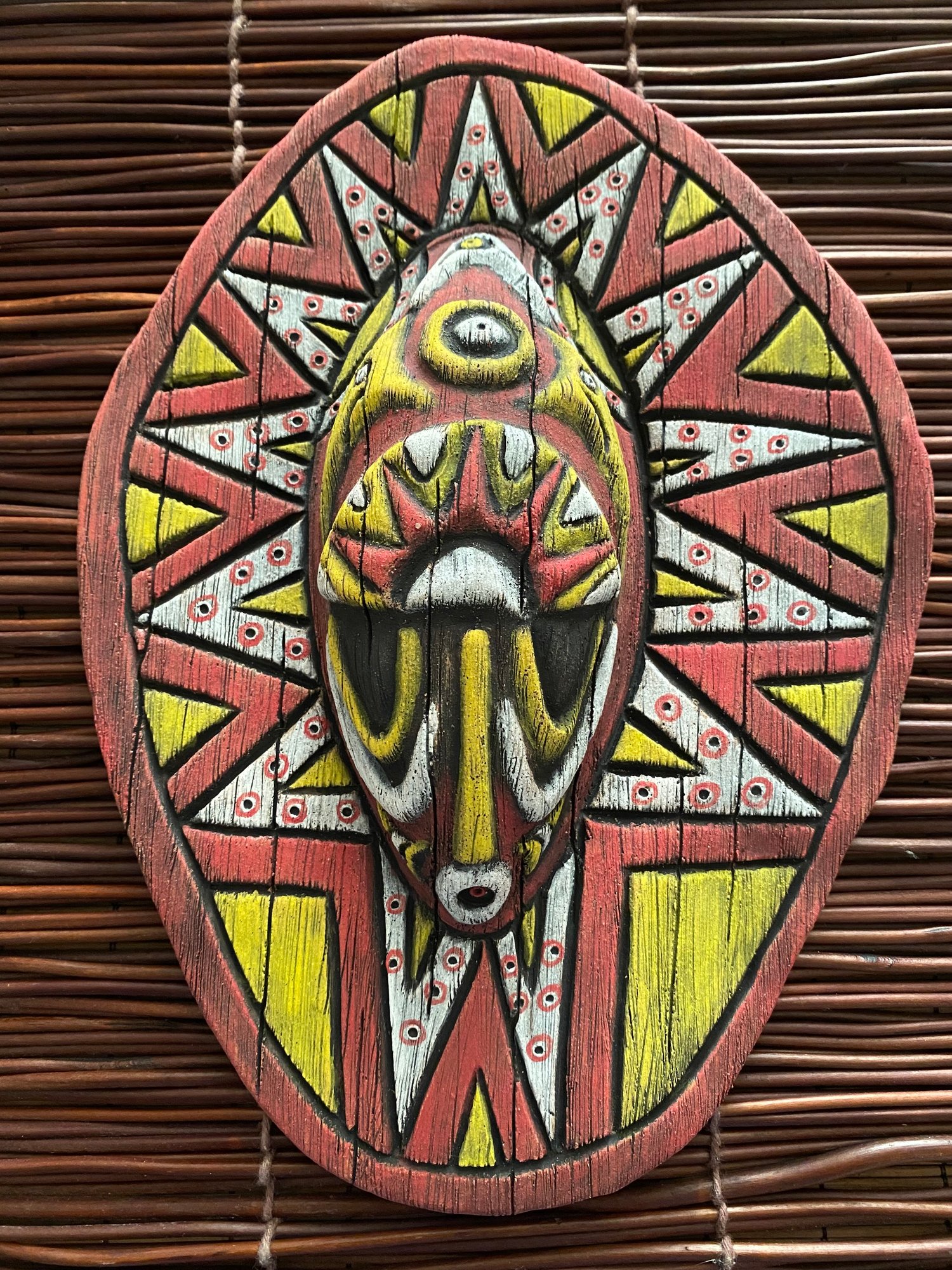 Image of 10” x 7.25” Handbuilt PNG Inspired Wall Mask - Red/Yellow/White - US Shipping Included 