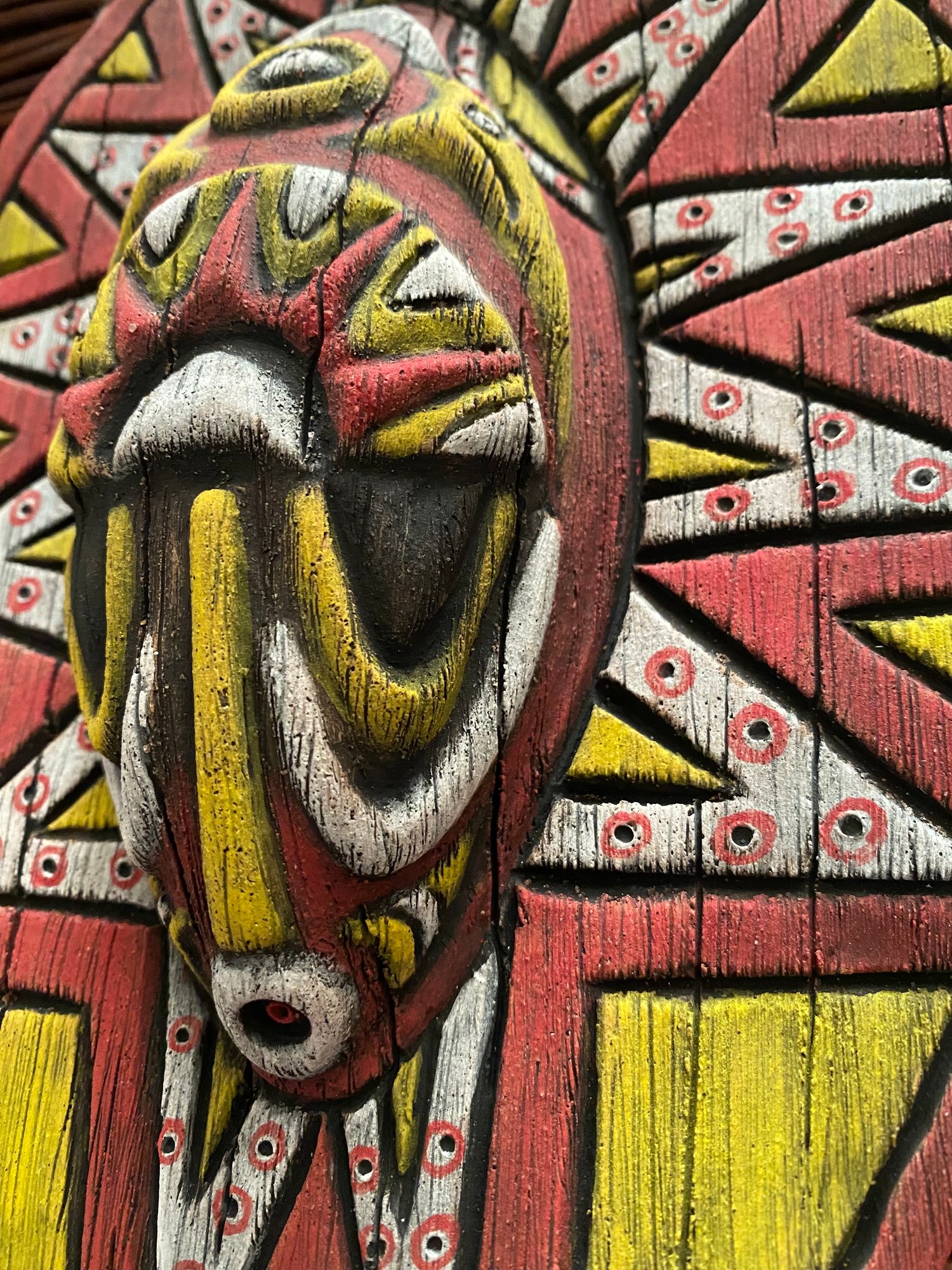 Image of 10” x 7.25” Handbuilt PNG Inspired Wall Mask - Red/Yellow/White - US Shipping Included 