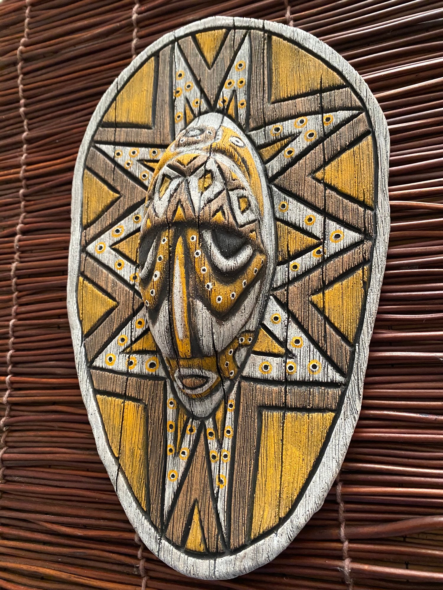 Image of 10.75” x 6.75” Handbuilt PNG Inspired Wall Mask - Orange/Brown/White - US Shipping Included 