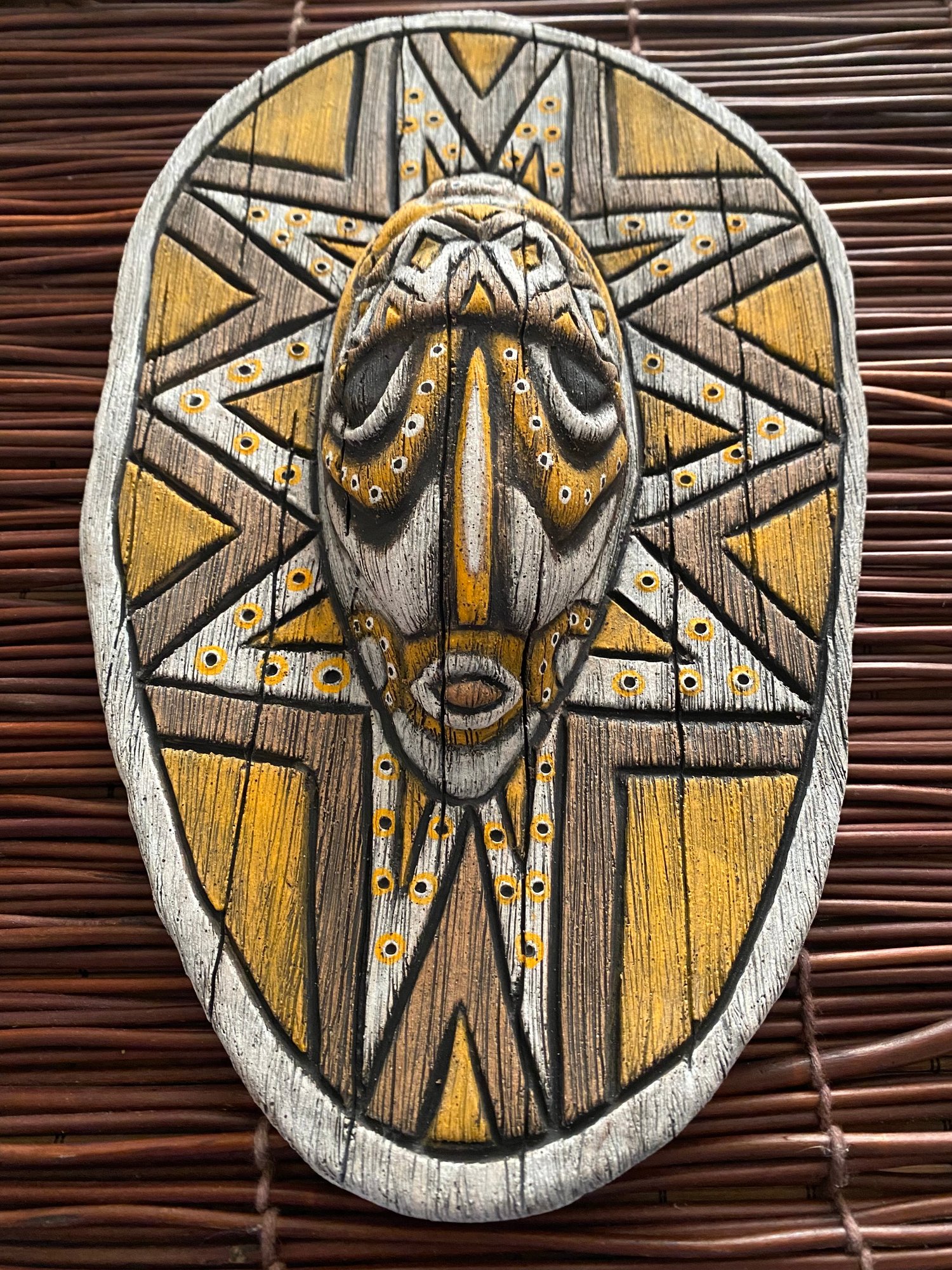 Image of 10.75” x 6.75” Handbuilt PNG Inspired Wall Mask - Orange/Brown/White - US Shipping Included 