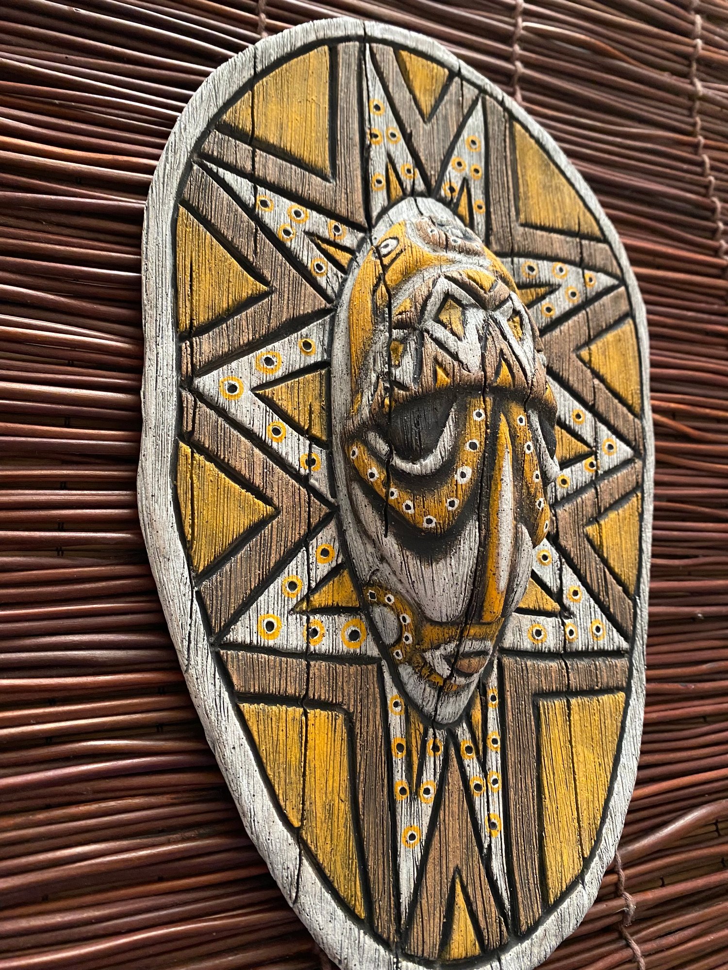 Image of 10.75” x 6.75” Handbuilt PNG Inspired Wall Mask - Orange/Brown/White - US Shipping Included 