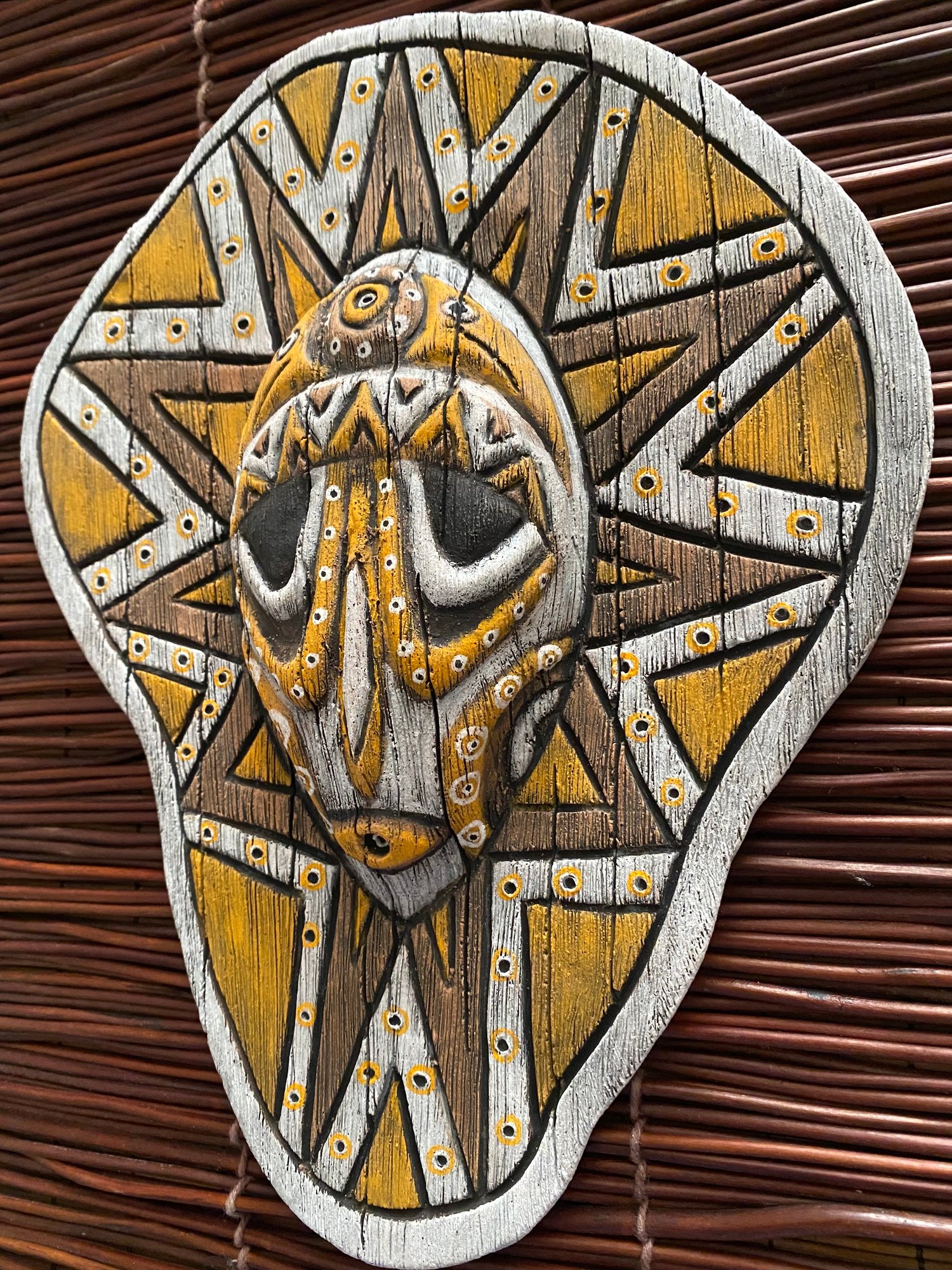 Image of 10.75” x 8.75” Handbuilt PNG Inspired Wall Mask - Orange/Brown/White - US Shipping Included 