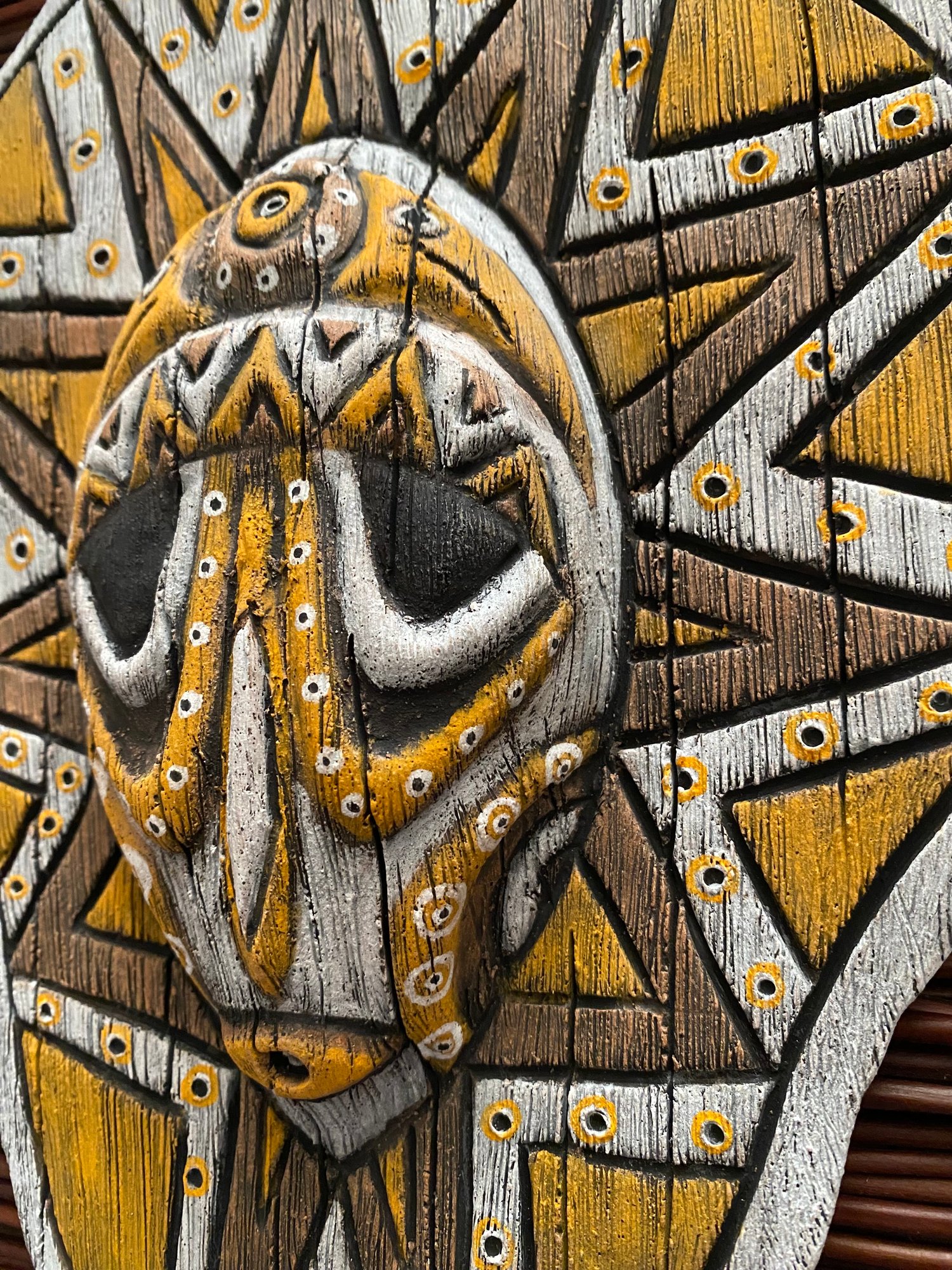 Image of 10.75” x 8.75” Handbuilt PNG Inspired Wall Mask - Orange/Brown/White - US Shipping Included 