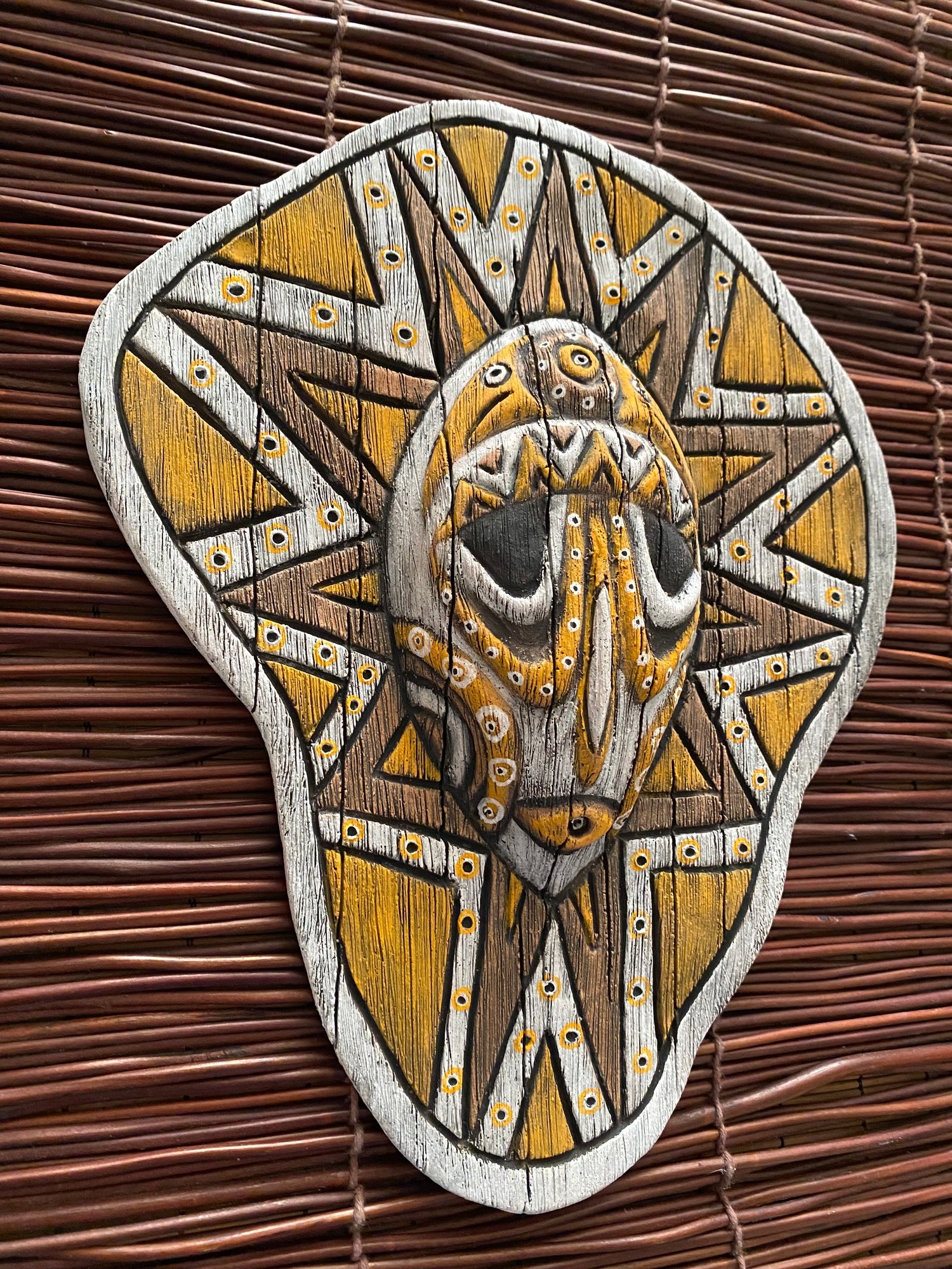 Image of 10.75” x 8.75” Handbuilt PNG Inspired Wall Mask - Orange/Brown/White - US Shipping Included 