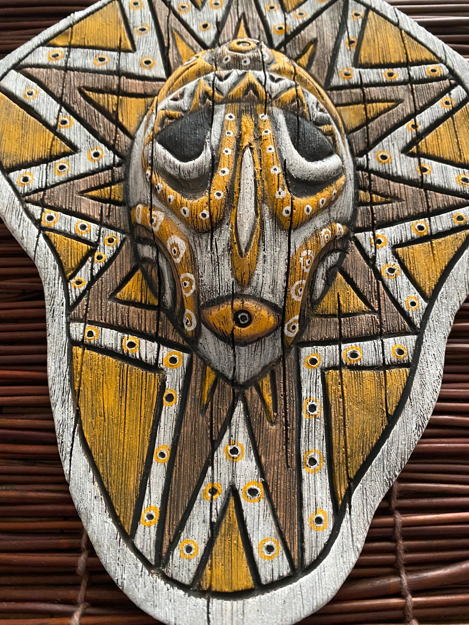 Image of 10.75” x 8.75” Handbuilt PNG Inspired Wall Mask - Orange/Brown/White - US Shipping Included 