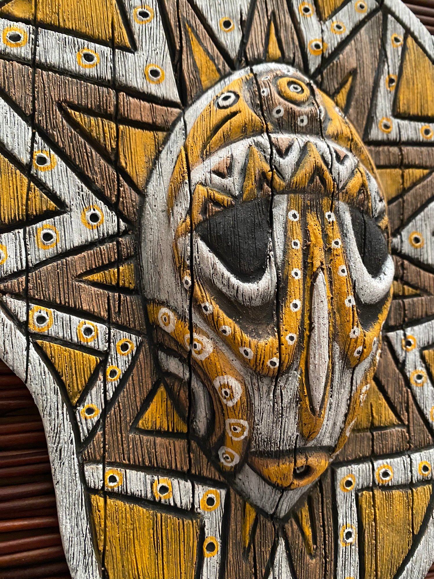 Image of 10.75” x 8.75” Handbuilt PNG Inspired Wall Mask - Orange/Brown/White - US Shipping Included 