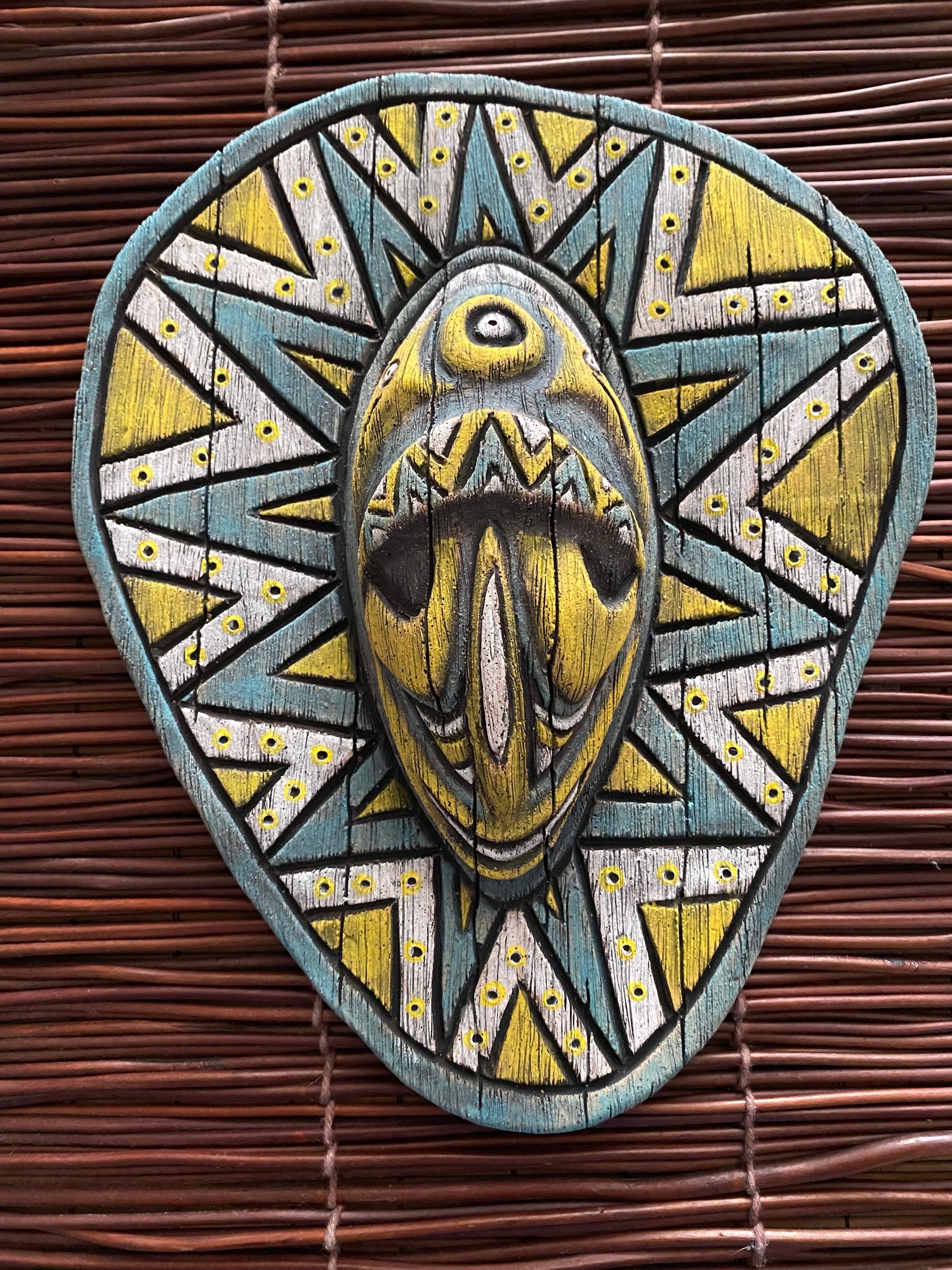 Image of 9.5” x 8” Handbuilt PNG Inspired Wall Mask - Turq/Yellow/White - US Shipping Included 