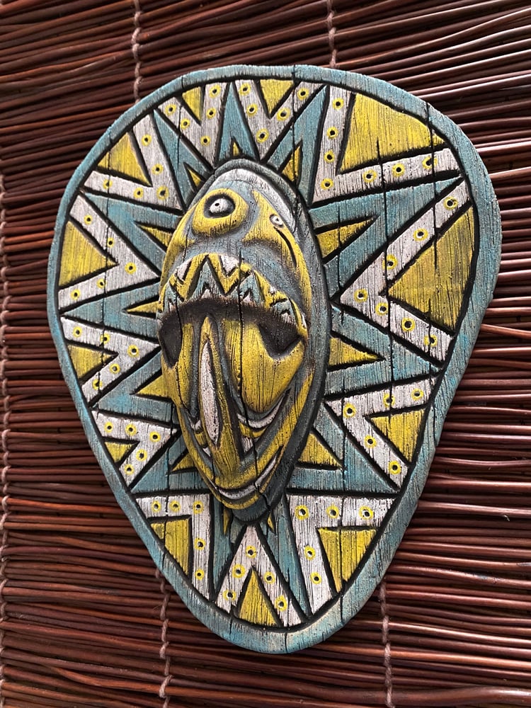 Image of 9.5” x 8” Handbuilt PNG Inspired Wall Mask - Turq/Yellow/White - US Shipping Included 