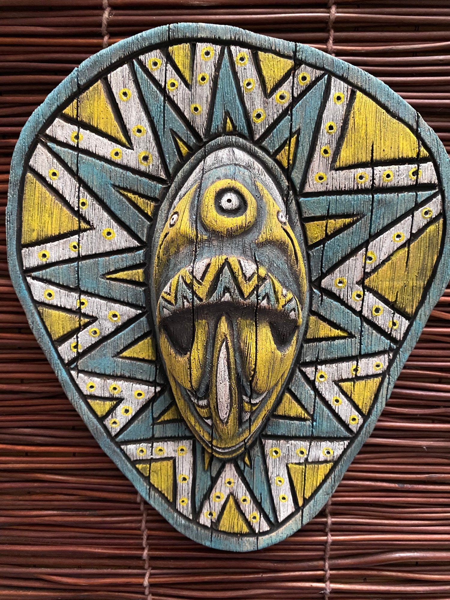 Image of 9.5” x 8” Handbuilt PNG Inspired Wall Mask - Turq/Yellow/White - US Shipping Included 