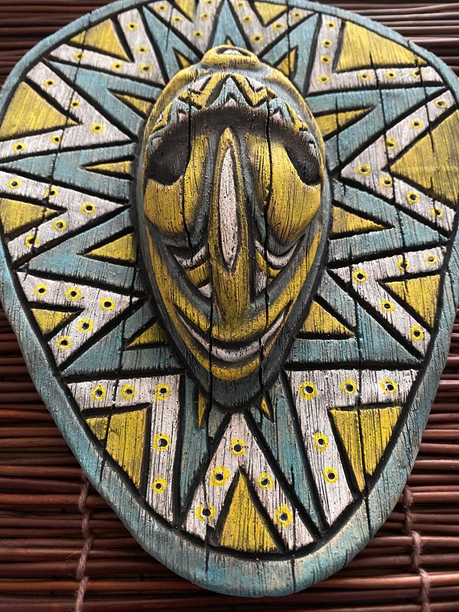Image of 9.5” x 8” Handbuilt PNG Inspired Wall Mask - Turq/Yellow/White - US Shipping Included 