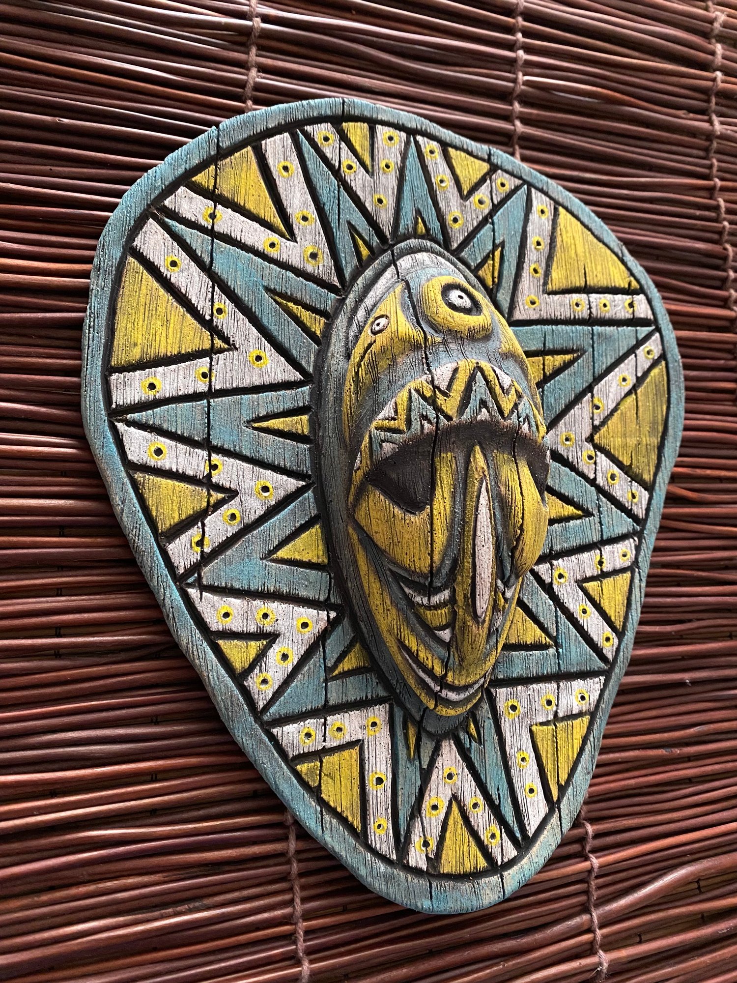 Image of 9.5” x 8” Handbuilt PNG Inspired Wall Mask - Turq/Yellow/White - US Shipping Included 