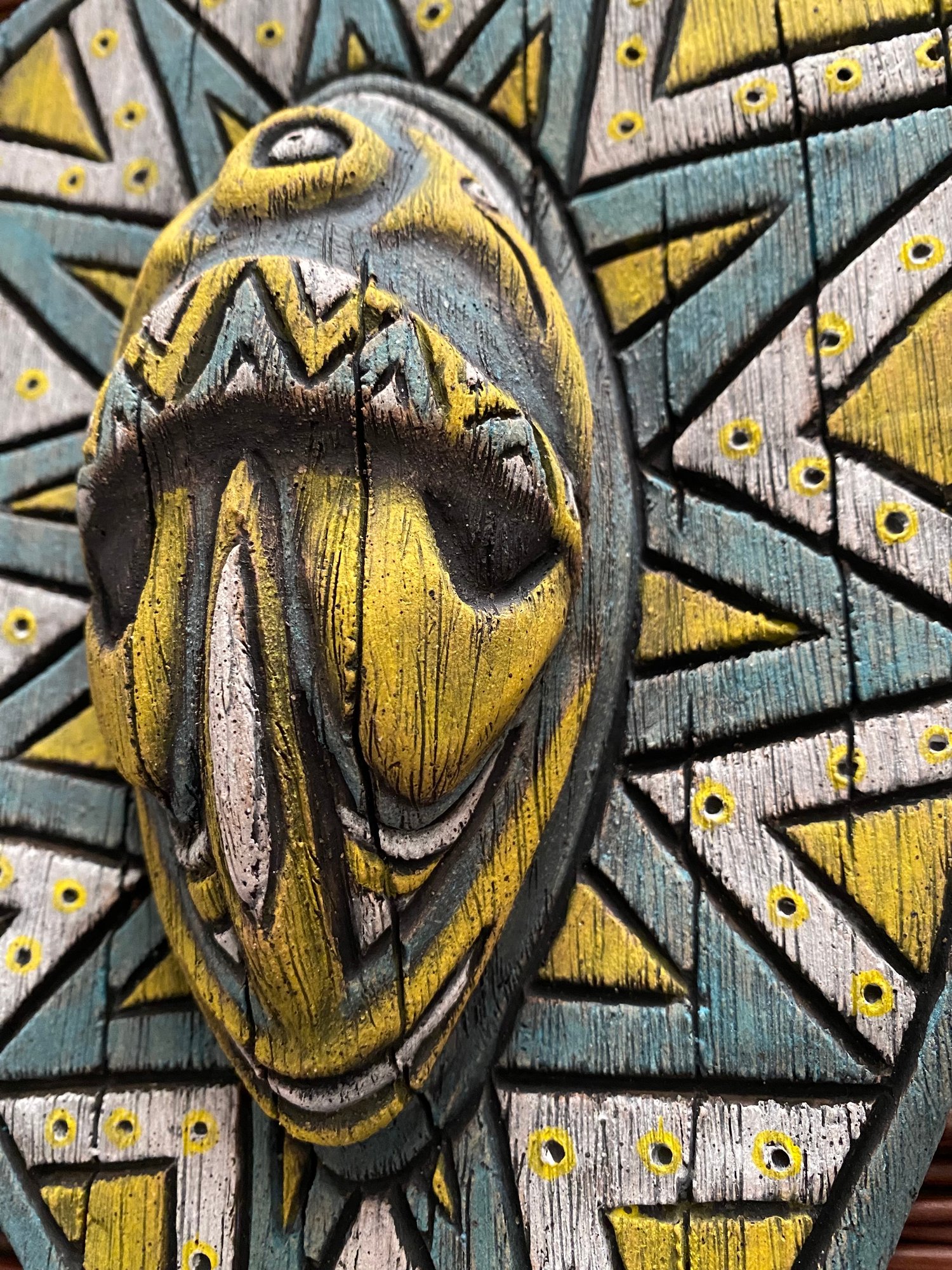 Image of 9.5” x 8” Handbuilt PNG Inspired Wall Mask - Turq/Yellow/White - US Shipping Included 