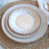Image 6 of Rustic White and Ocher Handmade Stoneware, Three Pieces, Made in USA