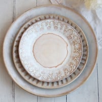 Image 7 of Rustic White and Ocher Handmade Stoneware, Three Pieces, Made in USA
