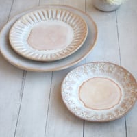 Image 8 of Rustic White and Ocher Handmade Stoneware, Three Pieces, Made in USA