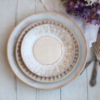 Image 11 of Rustic White and Ocher Handmade Stoneware, Three Pieces, Made in USA