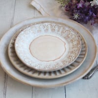 Image 4 of Rustic White and Ocher Handmade Stoneware, Three Pieces, Made in USA